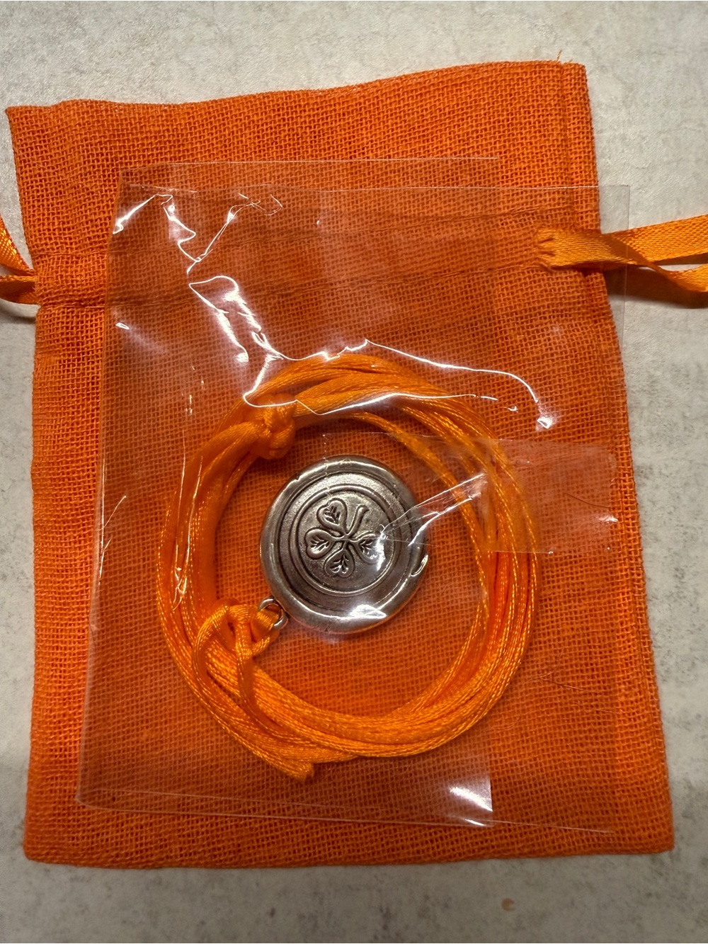 🍀 Orange Cord Necklace with Wax Seal Four Leaf Clover Medallion Pendant